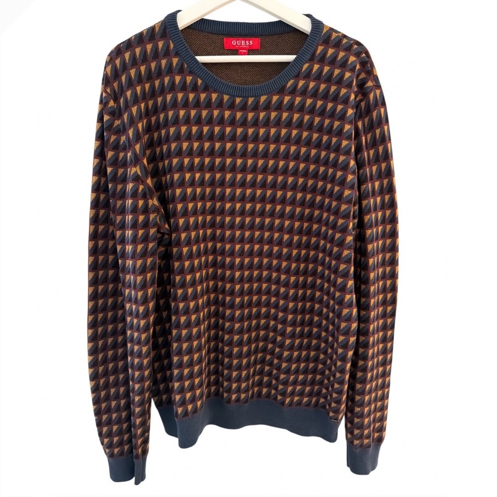 Guess Los Angeles Mens Geometric Triangle Jacquard Cotton Sweater Blue Brown L